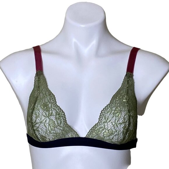 We Are We Wear NWT Evolve Recycled Lace Triangle Bralette, Khaki Navy Women's S - Picture 3 of 12